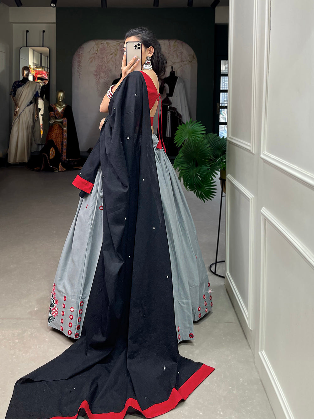 Grey Color Plain And Embroidery With Original Mirror Work Cotton Chaniya Choli ClothsVilla.com