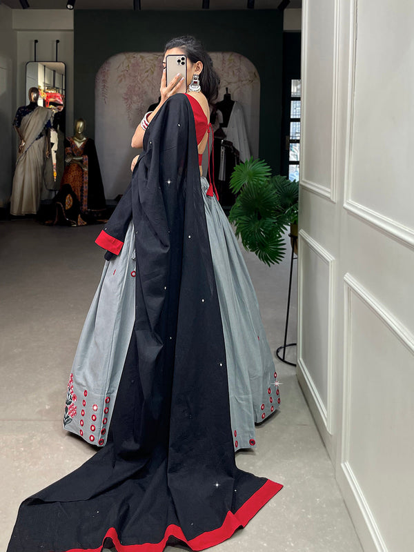 Grey Color Plain And Embroidery With Original Mirror Work Cotton Chaniya Choli ClothsVilla.com