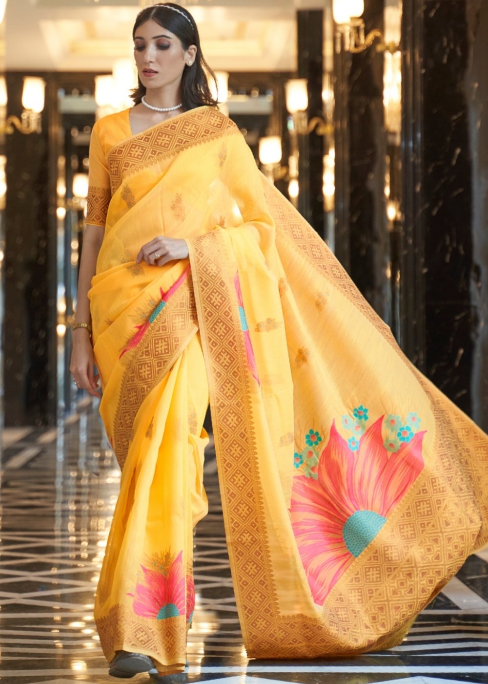 Saffron Yellow Zari Woven Linen Silk Saree Clothsvilla Main image