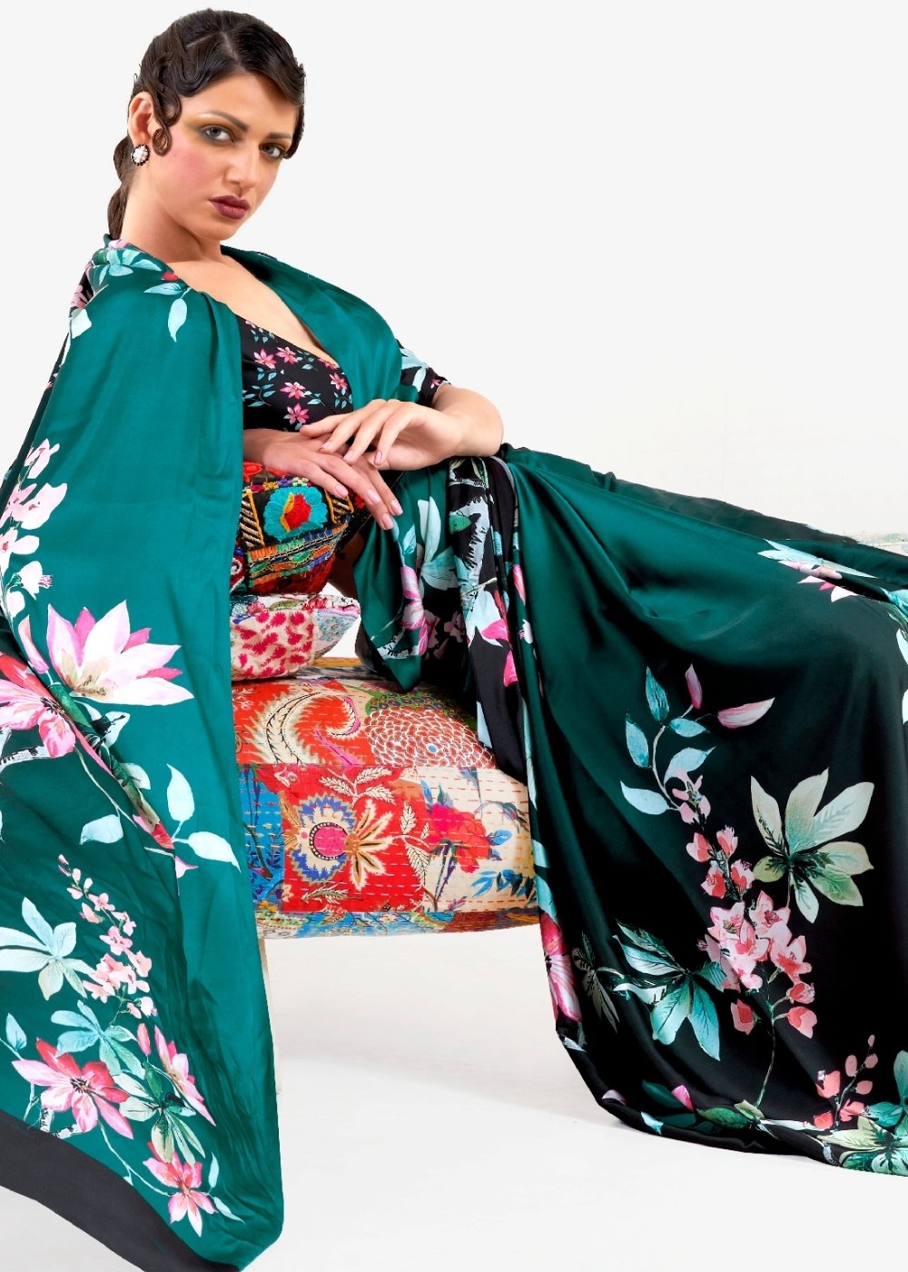 Teal Green Digital Printed Satin Crepe Saree Secondary image