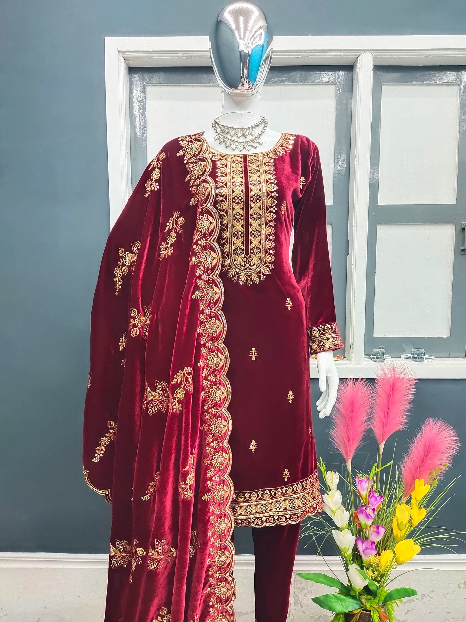 Fashionable Velvet Red Color Salwar Suit Clothsvilla