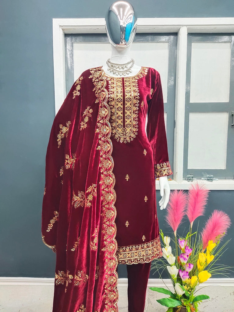 Fashionable Velvet Red Color Salwar Suit Clothsvilla