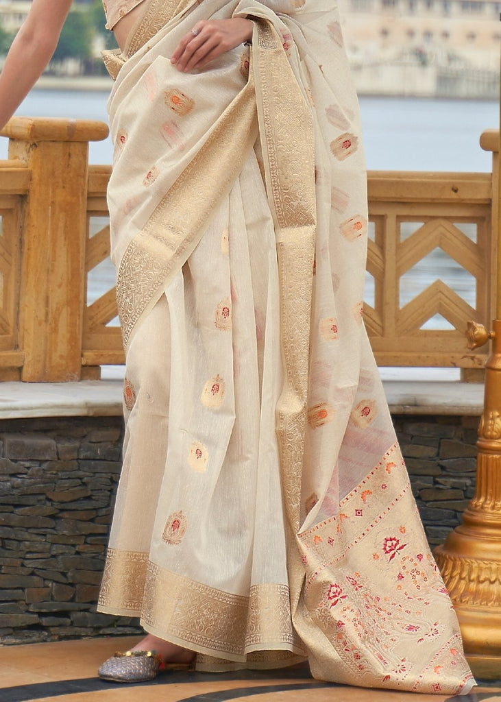 Ivory White Woven Linen Silk Saree Clothsvilla