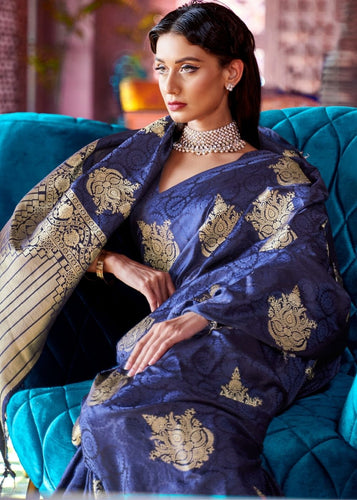 Berry Blue Satin Silk Saree with overall Golden Butti Clothsvilla