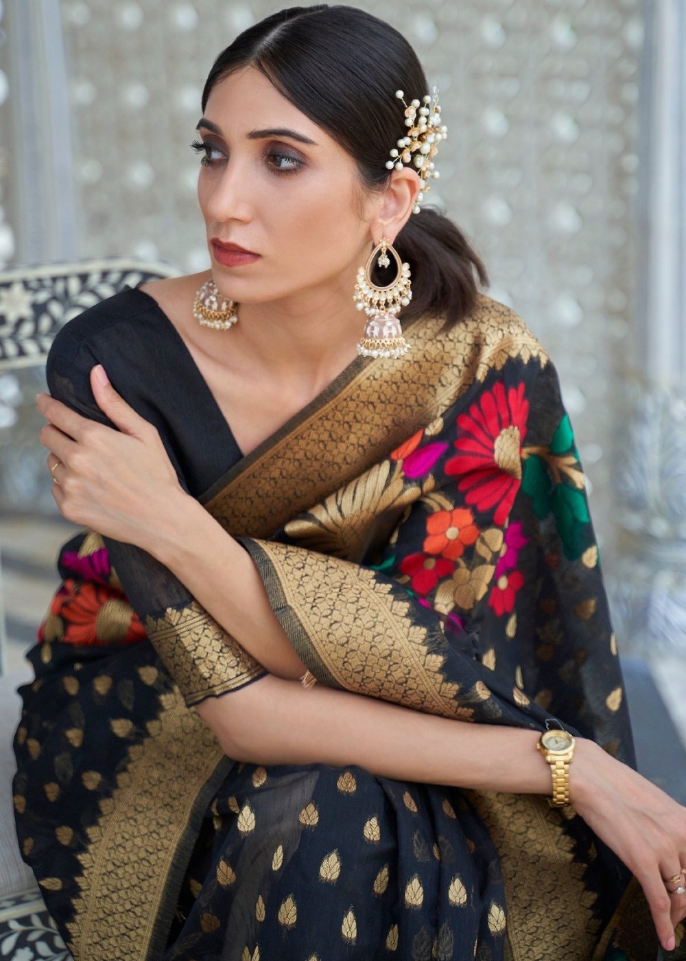 Onyx Black Floral Embroidered Linen Silk Saree Secondary image
