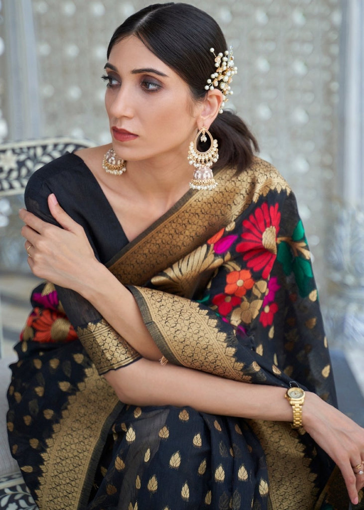 Onyx Black Floral Embroidered Linen Silk Saree Clothsvilla