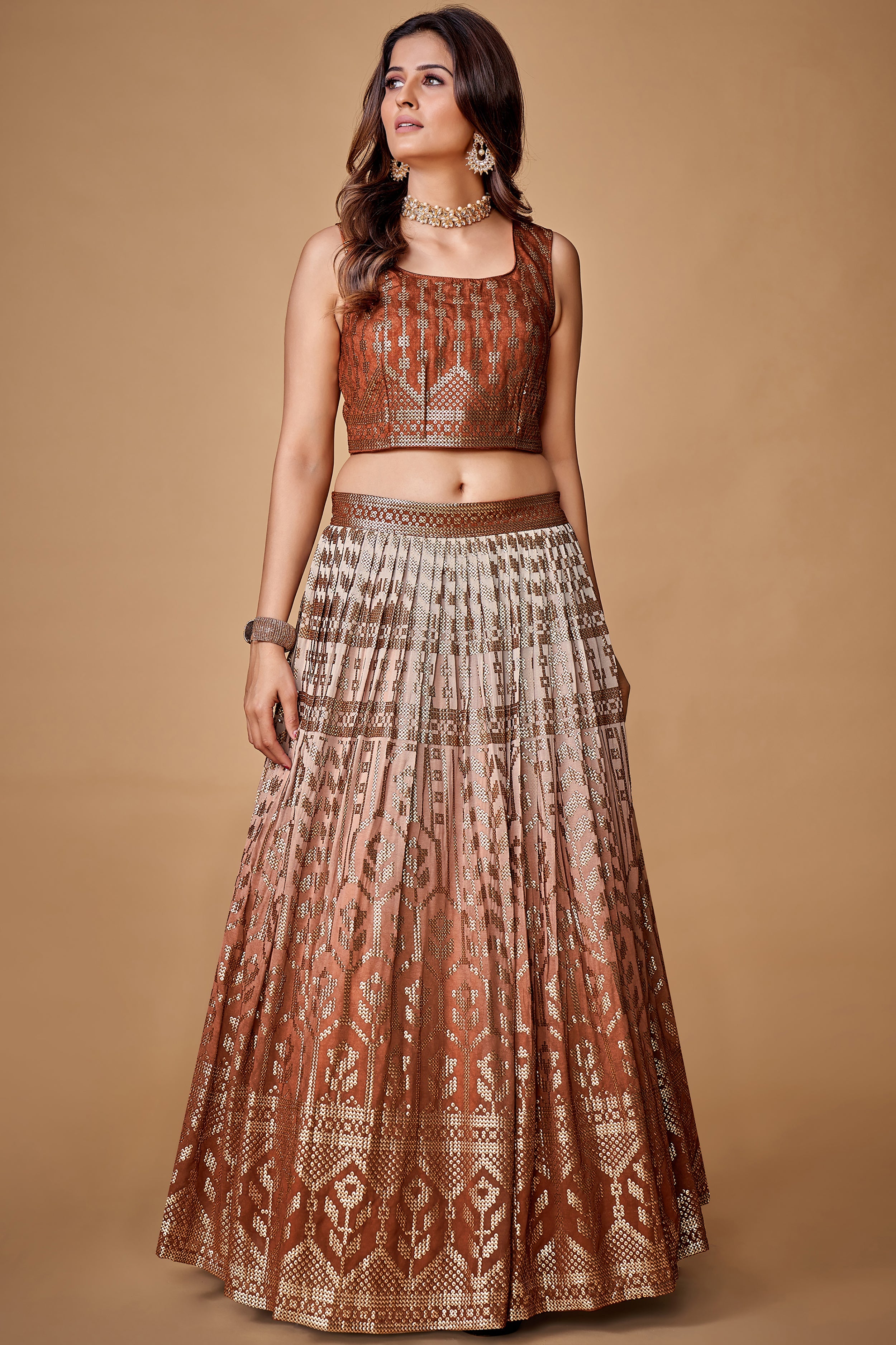 Brown Sequins Work Georgette Wedding Wear Lehenga Choli Clothsvilla