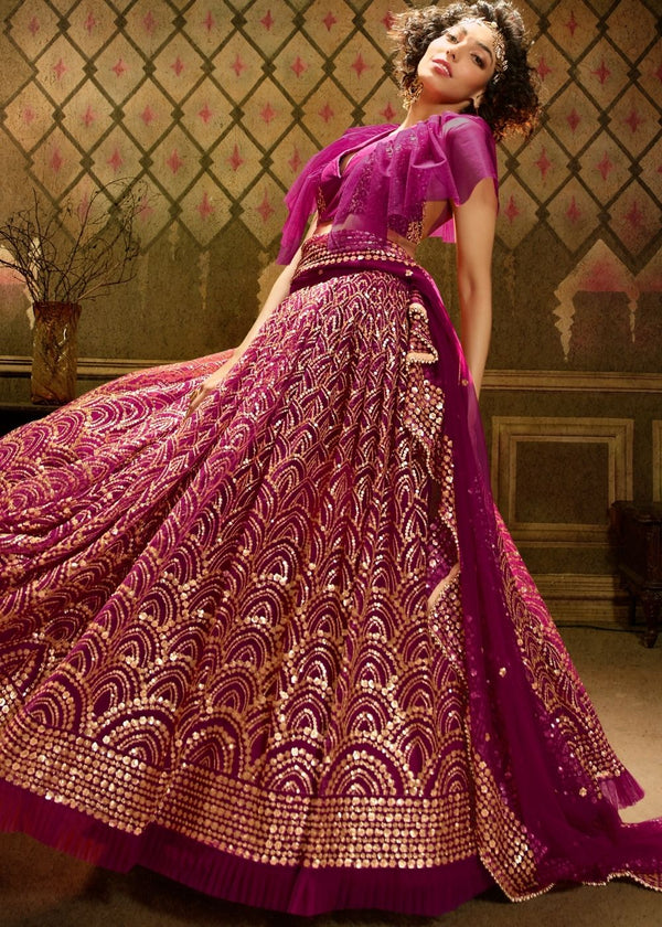 Red Violet Soft Net Designer Lehenga Choli with overall Sequins work Clothsvilla