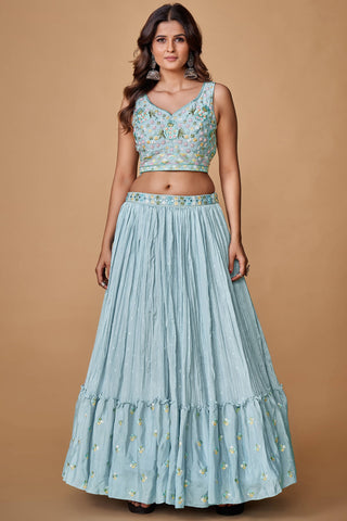 Powder Blue Thread Work Chiffon Silk Engagement Wear Lehenga Choli Clothsvilla