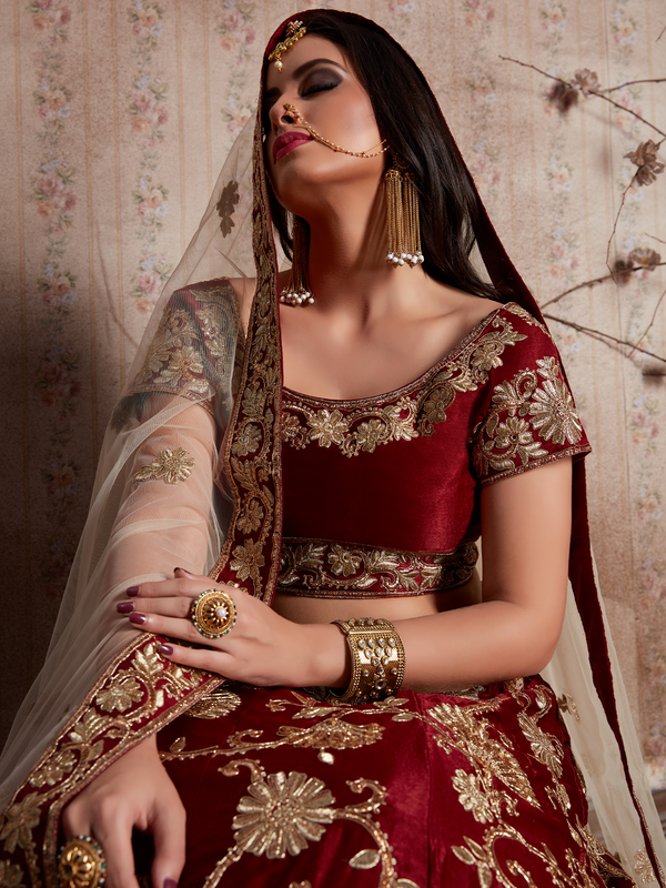 Maroon Embroidered Semi Stitched Lehenga With Unstitched Blouse Clothsvilla