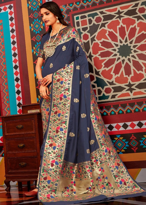 Denim Blue Zari Woven Paithani Silk Saree Clothsvilla Main image