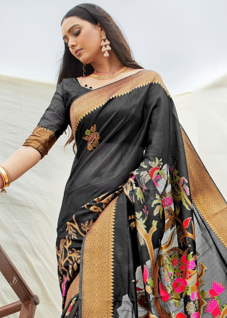 Black and Grey Handloom Woven Silk Saree Clothsvilla