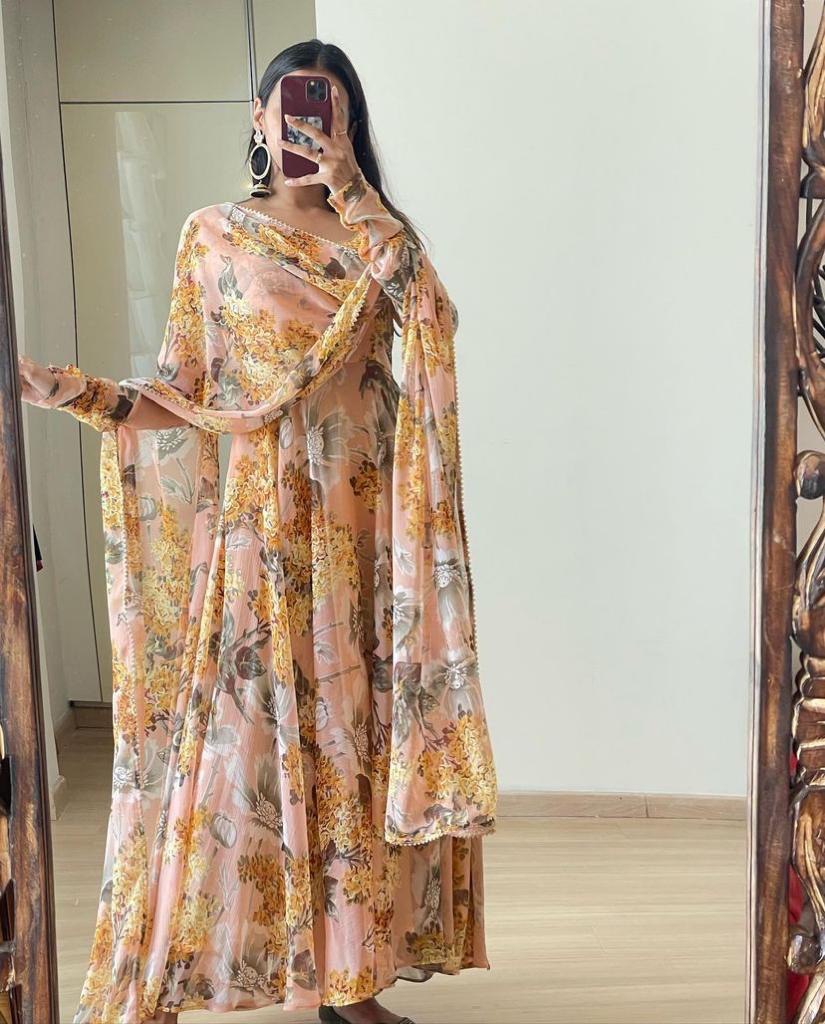 Floral Printed Peach Color Designer Gown Clothsvilla