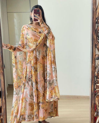 Floral Printed Peach Color Designer Gown Clothsvilla