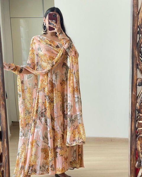 Floral Printed Peach Color Designer Gown Clothsvilla Main image