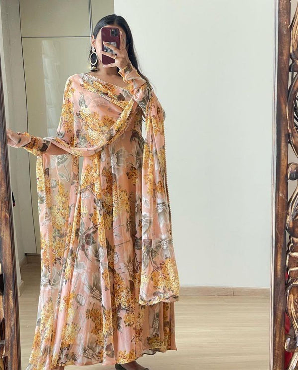 Floral Printed Peach Color Designer Gown Clothsvilla