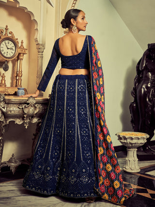 Beautiful Navy Blue Color Georgette Semi Stitched Lehenga With Blouse Piece Clothsvilla