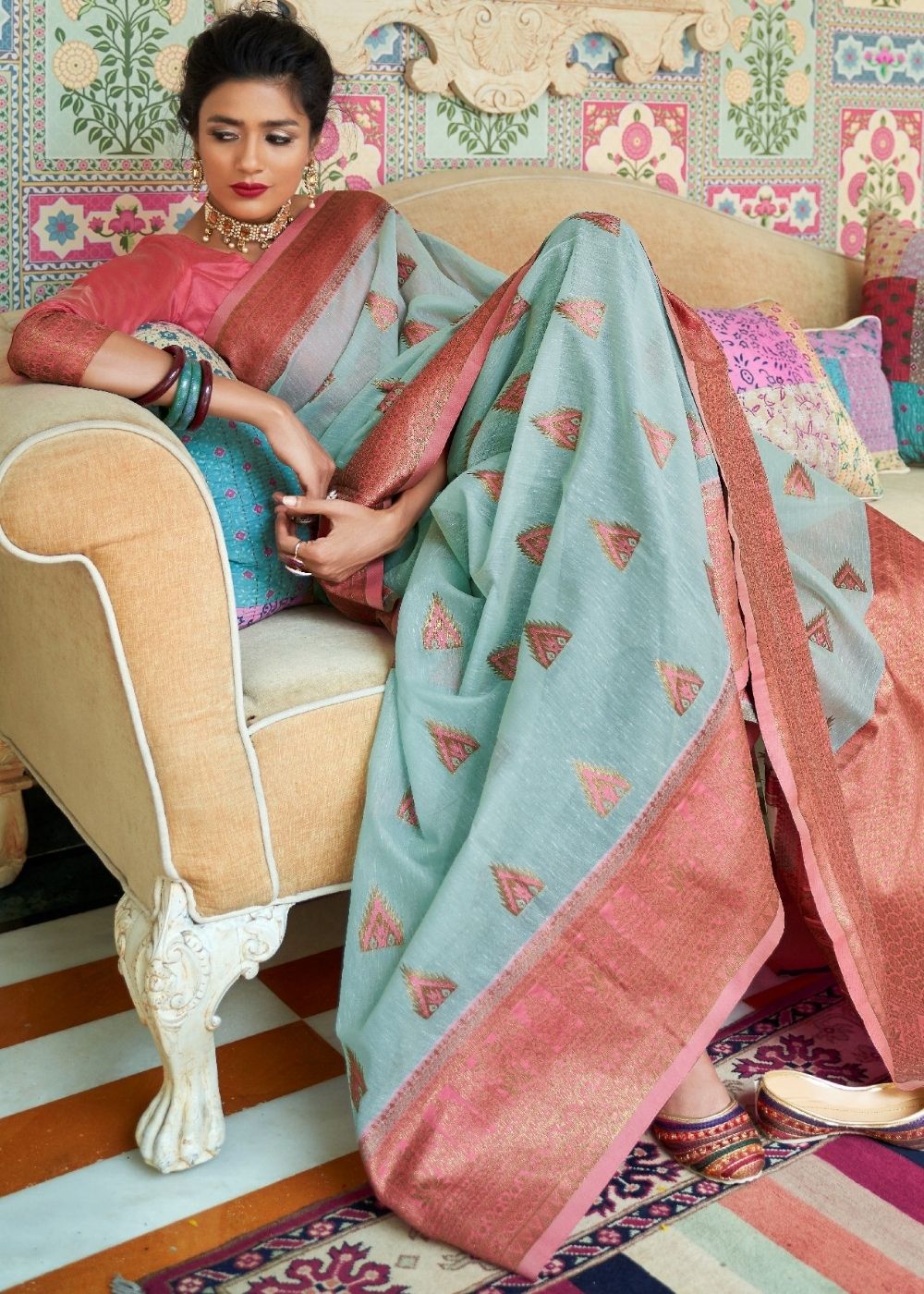 Sky Blue Woven Linen Silk Saree with Butti overall Secondary image
