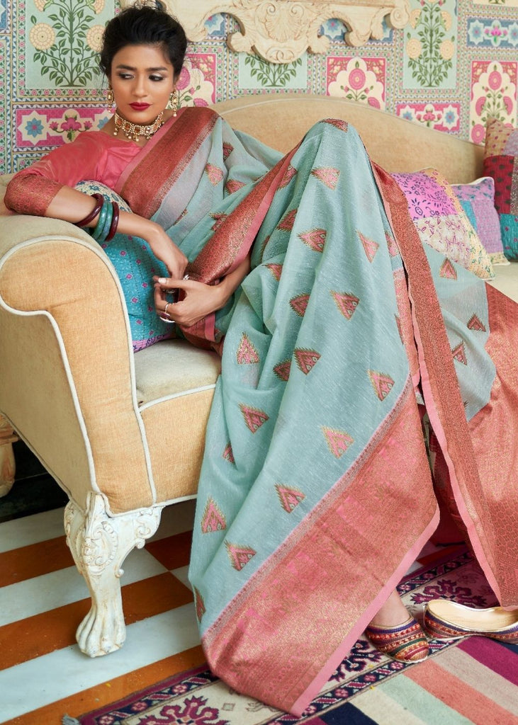 Sky Blue Woven Linen Silk Saree with Butti overall Clothsvilla