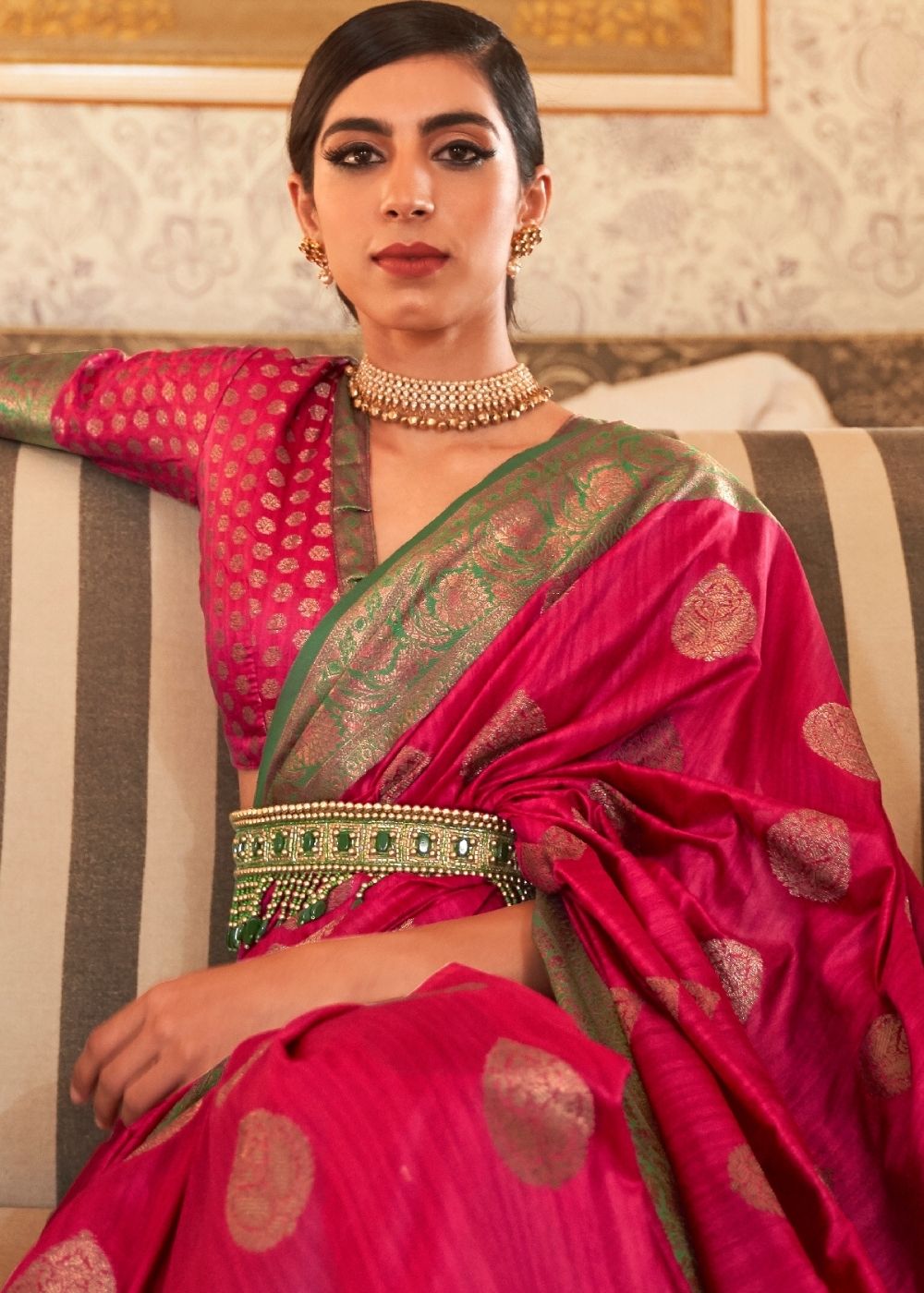 Ruby Pink Woven Banarasi Tussar Silk Saree : Top Pick Clothsvilla