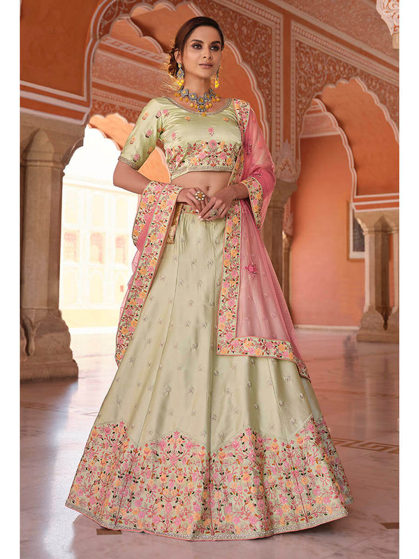 Pista Green Embroidered Designer Lehenga Choli Clothsvilla