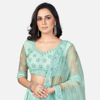 Summer Green Soft Net Embroidery and Zaken Work Lehenga choli ClothsVilla