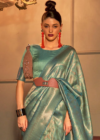 Ocean Green Two Tone Handloom Weaving Kanjivaram Silk Saree : Top Pick Clothsvilla