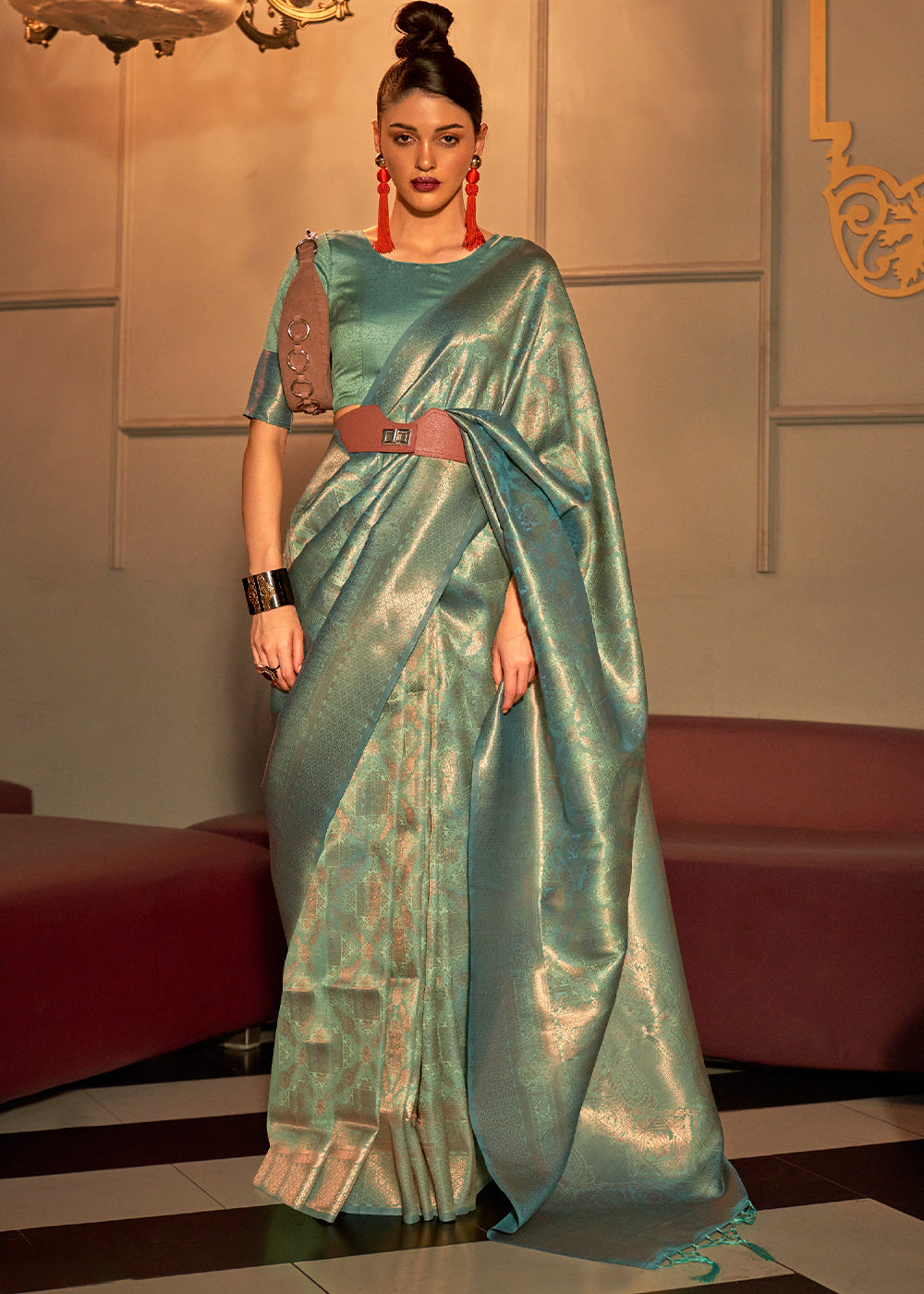 Ocean Green Two Tone Handloom Weaving Kanjivaram Silk Saree : Top Pick Clothsvilla