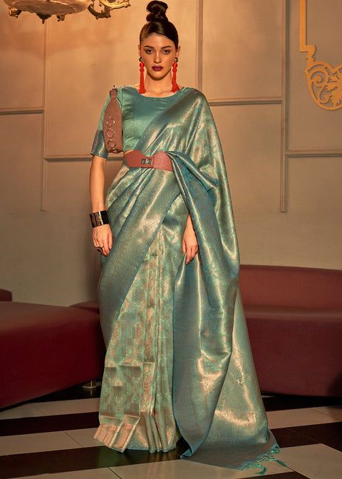 Ocean Green Two Tone Handloom Weaving Kanjivaram Silk Saree : Top Pick Clothsvilla Main image