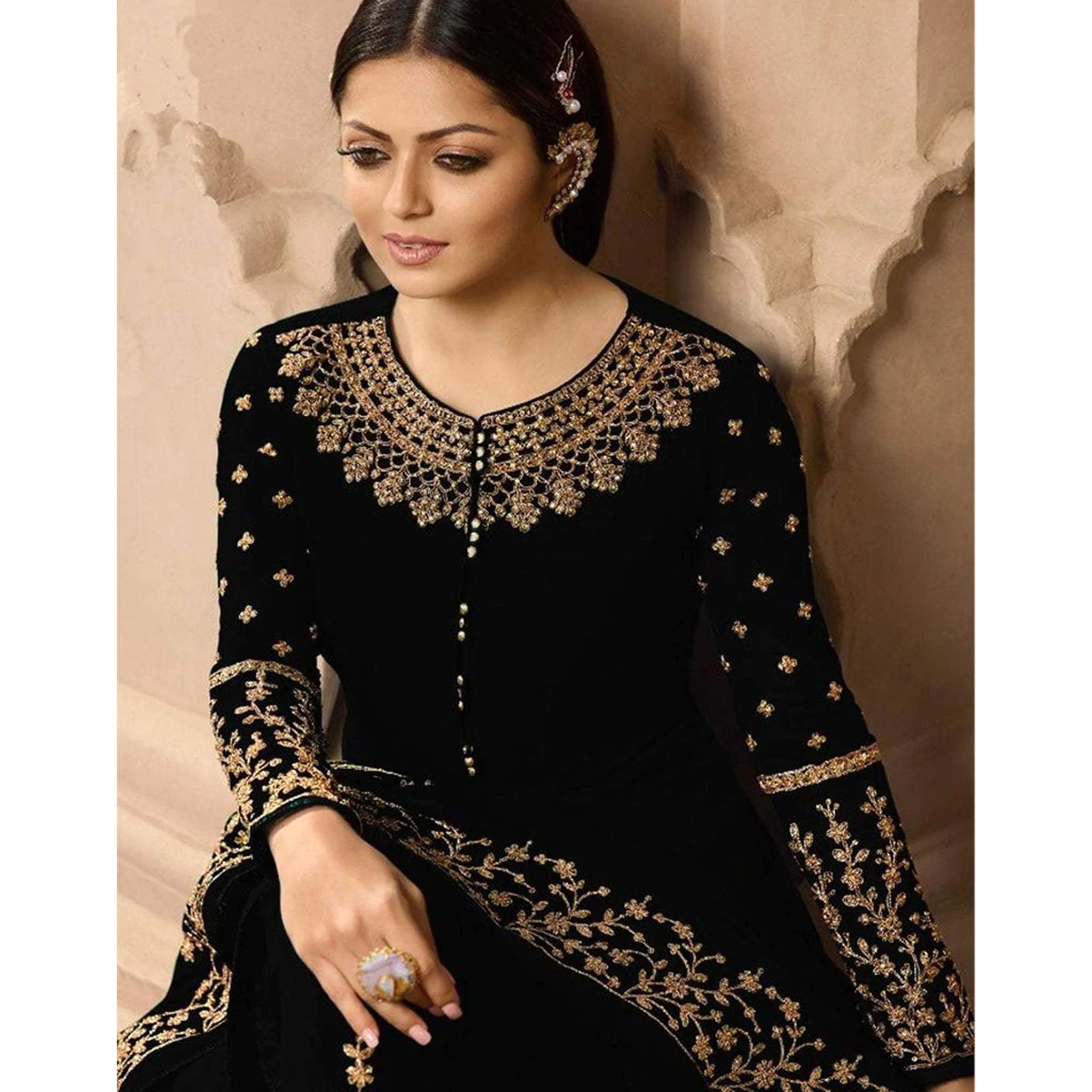 Black Color Faux Georgette Embroidery Work Semi Stitch Gown ClothsVilla