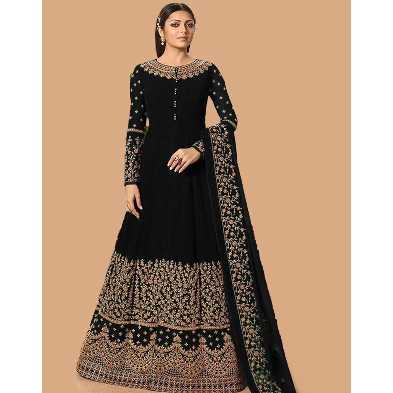 Black Color Faux Georgette Embroidery Work Semi Stitch Gown ClothsVilla