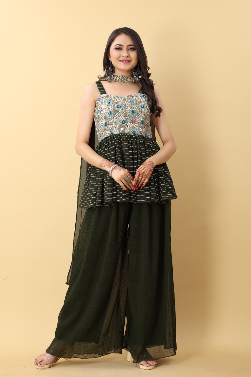 Wedding-ready Palazzo and Top Set in Dark Green Hue Clothsvilla Main image