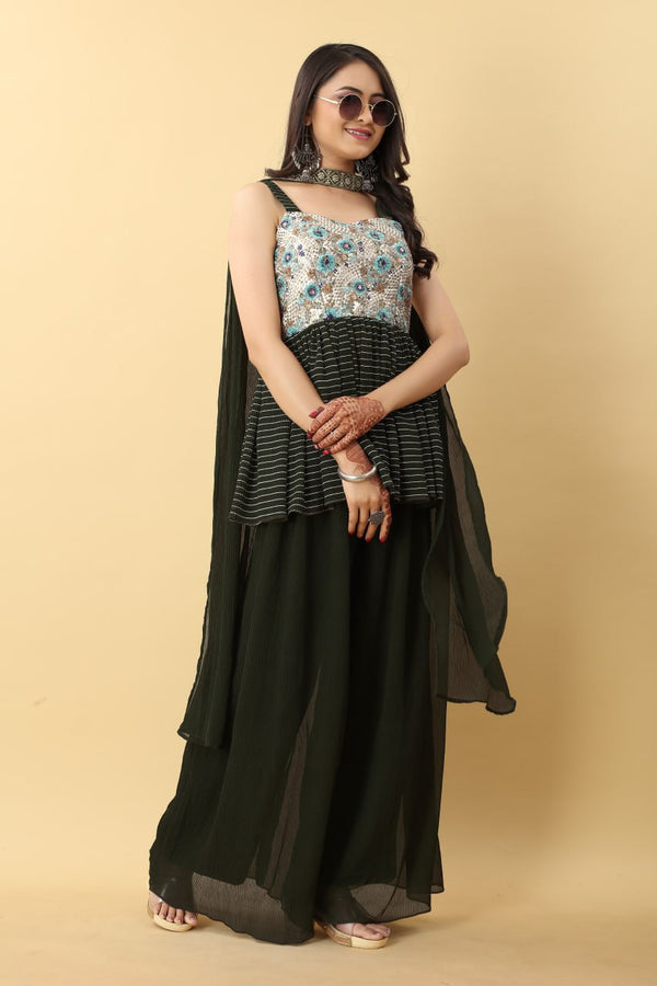 Wedding-ready Palazzo and Top Set in Dark Green Hue Clothsvilla