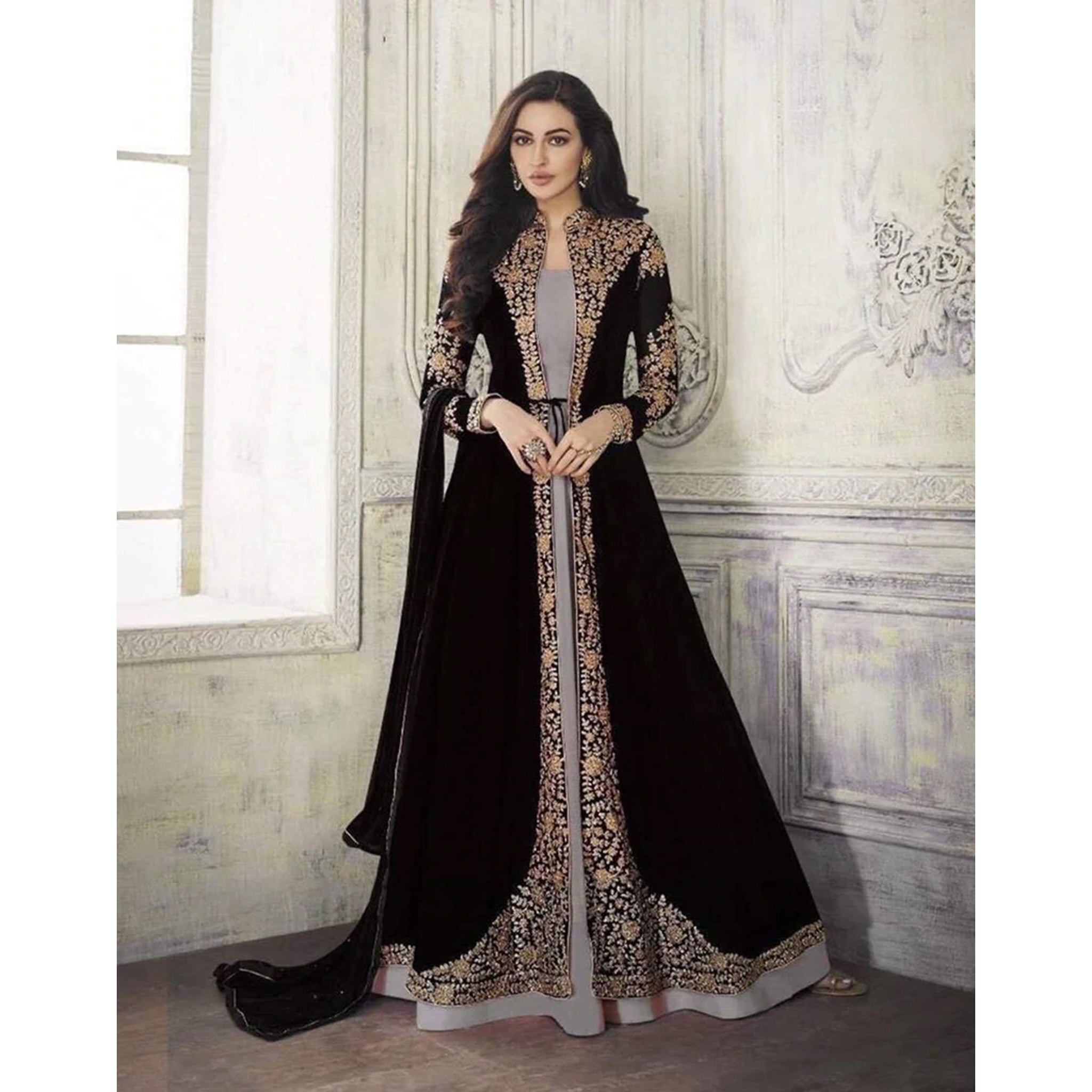 Black Color Heavy Embroidery Work Georgette Free Size Gown ClothsVilla Main image