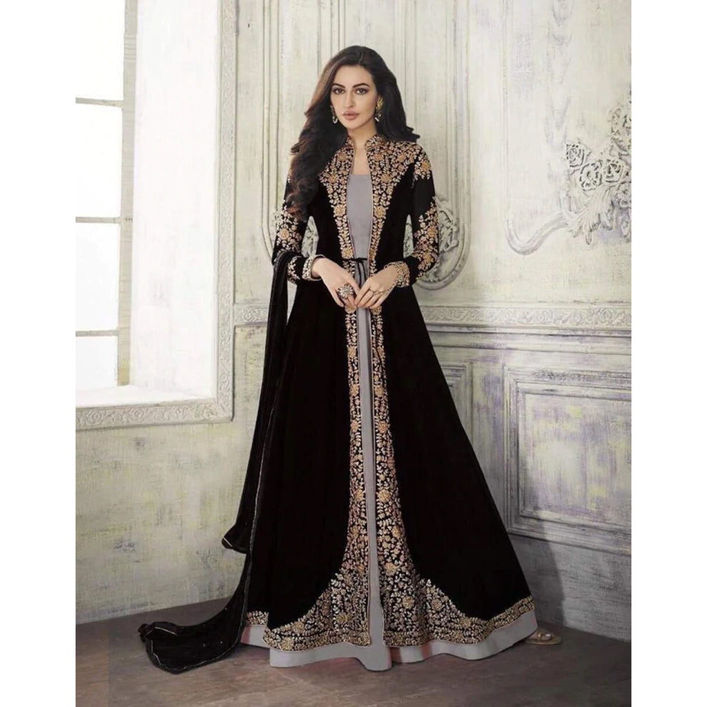 Black Color Heavy Embroidery Work Georgette Free Size Gown ClothsVilla
