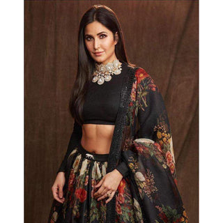 Black Color Printed Organza Semi-Stitched Lehenga with Unstitched Silk Blouse ClothsVilla