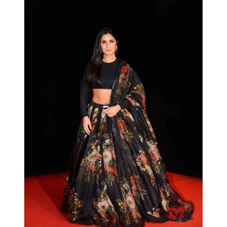 Black Color Printed Organza Semi-Stitched Lehenga with Unstitched Silk Blouse ClothsVilla