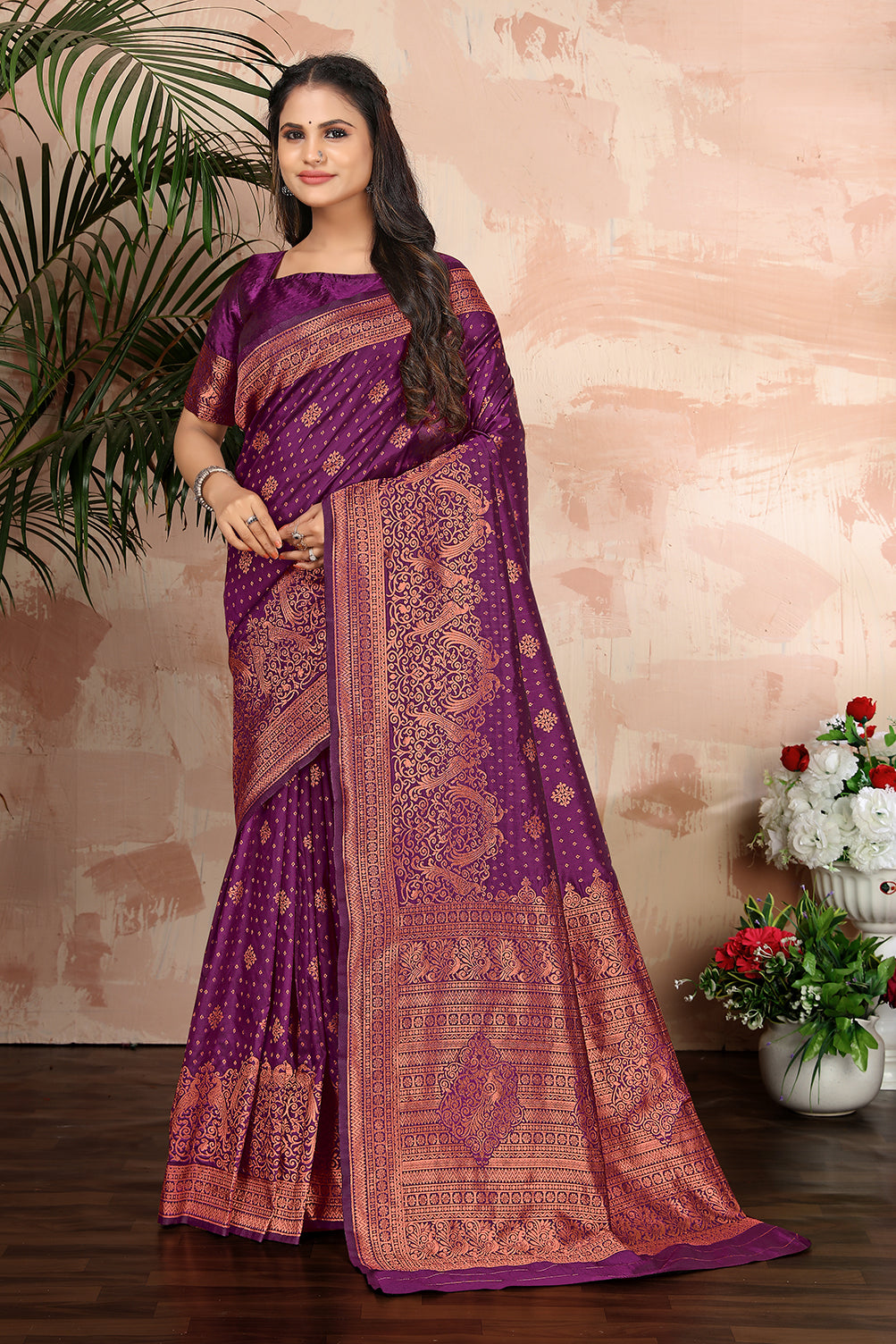 Purple woven banarasi silk traditional saree Clothsvilla