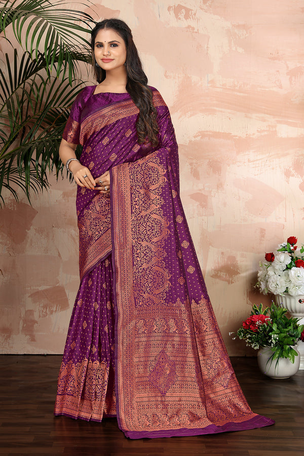 Purple woven banarasi silk traditional saree Clothsvilla
