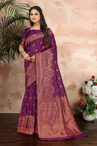 Purple woven banarasi silk traditional saree Clothsvilla