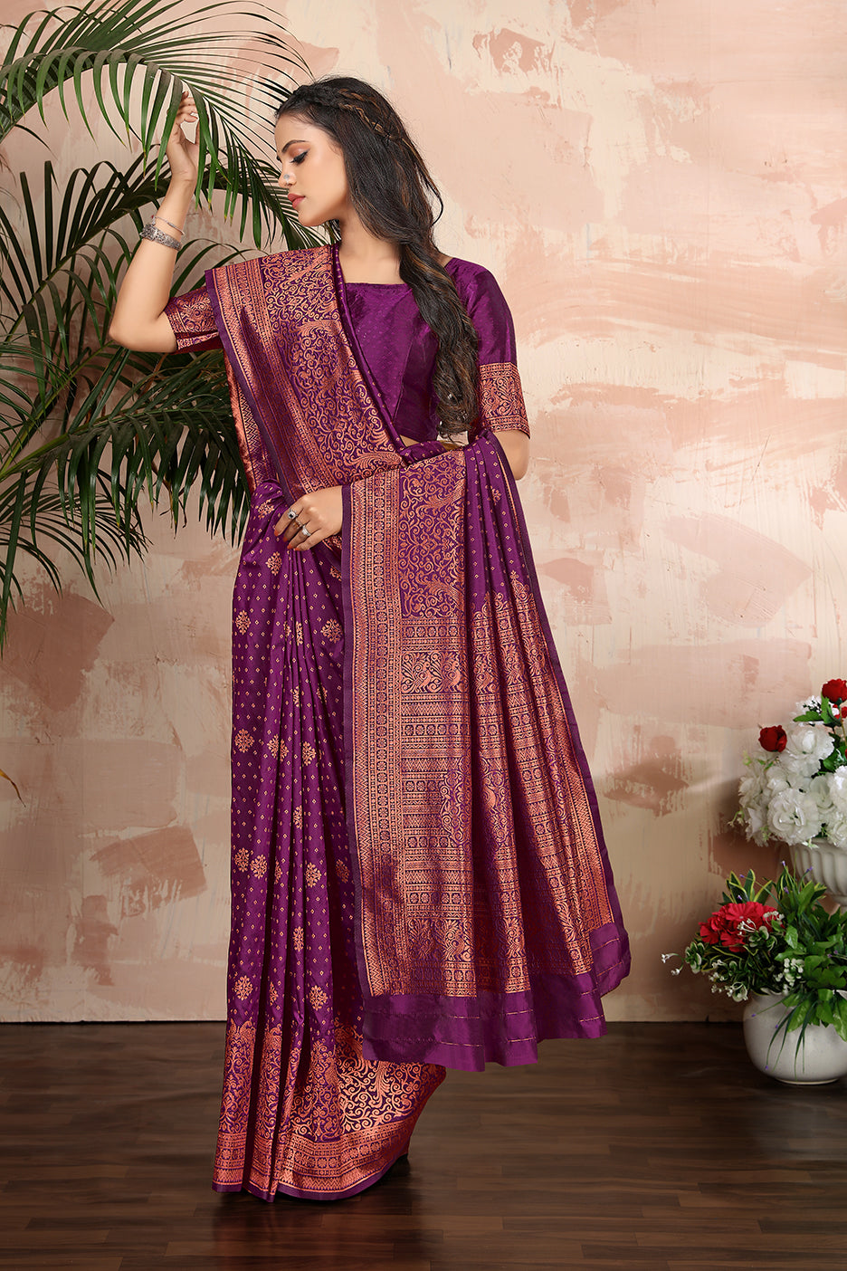 Purple woven banarasi silk traditional saree Clothsvilla
