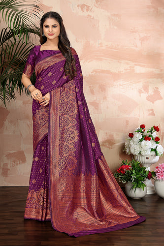Purple woven banarasi silk traditional saree Clothsvilla