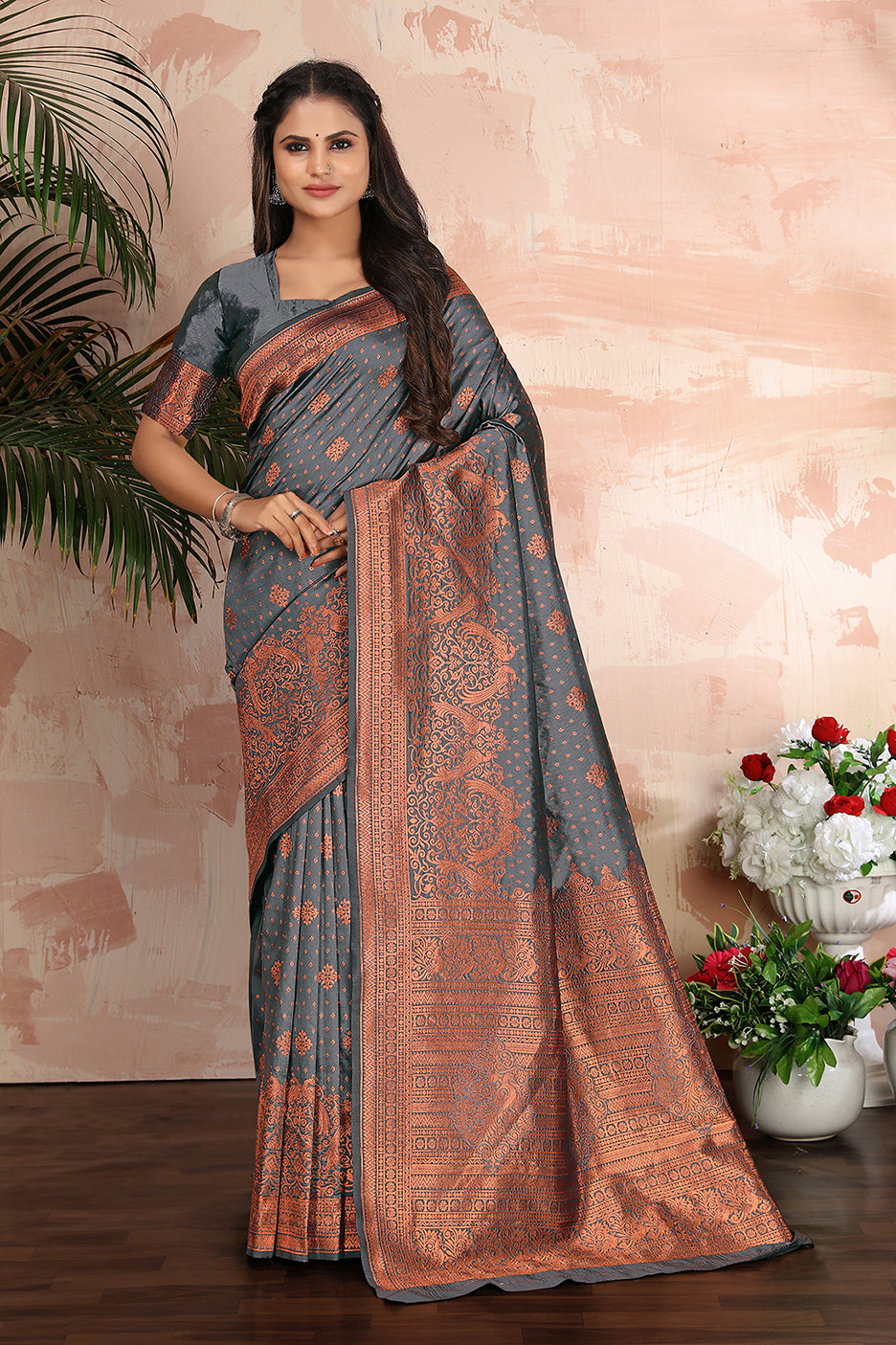 Grey woven banarasi silk traditional saree Clothsvilla