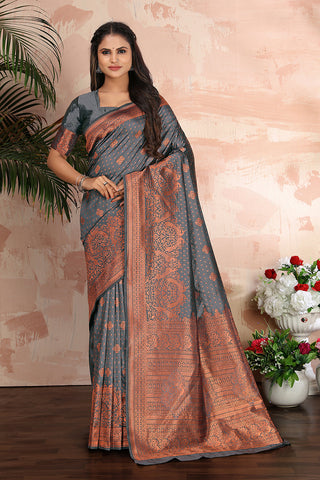 Grey woven banarasi silk traditional saree Clothsvilla