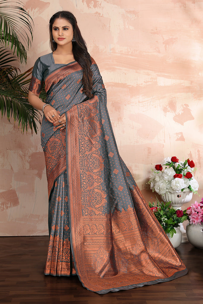 Grey woven banarasi silk traditional saree Clothsvilla