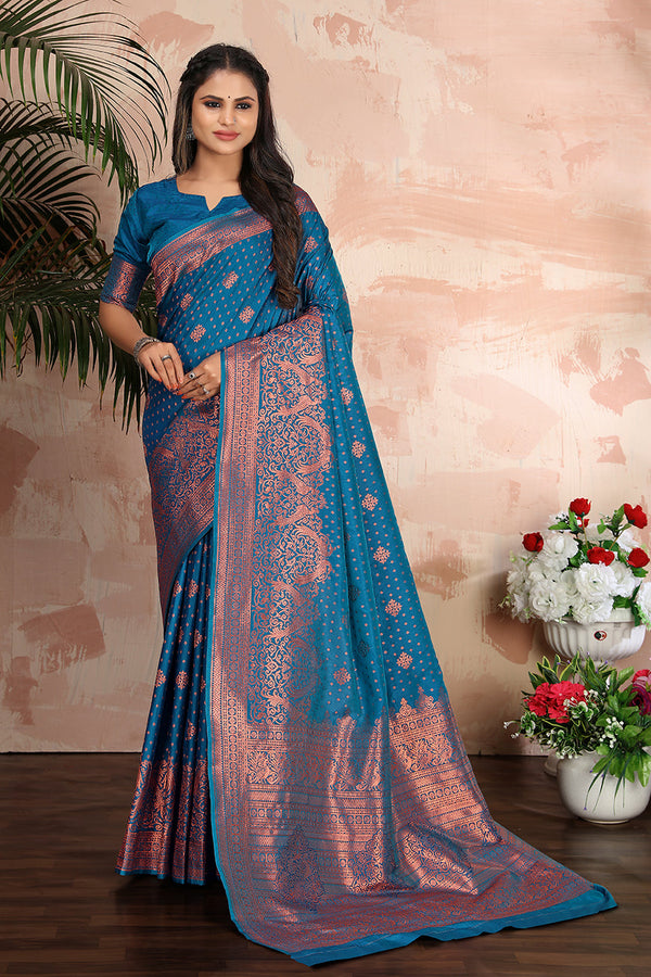 Cobalt blue woven banarasi silk traditional saree Clothsvilla