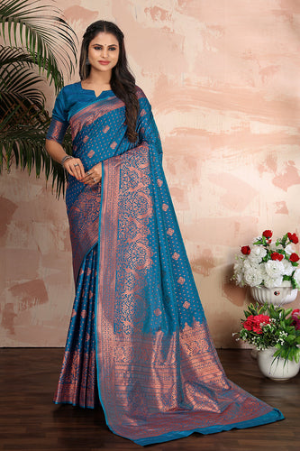 Cobalt blue woven banarasi silk traditional saree Clothsvilla