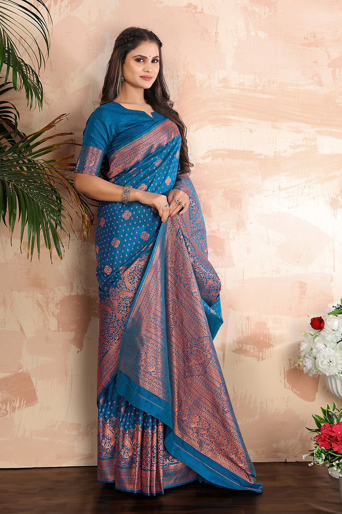 Cobalt blue woven banarasi silk traditional saree Clothsvilla