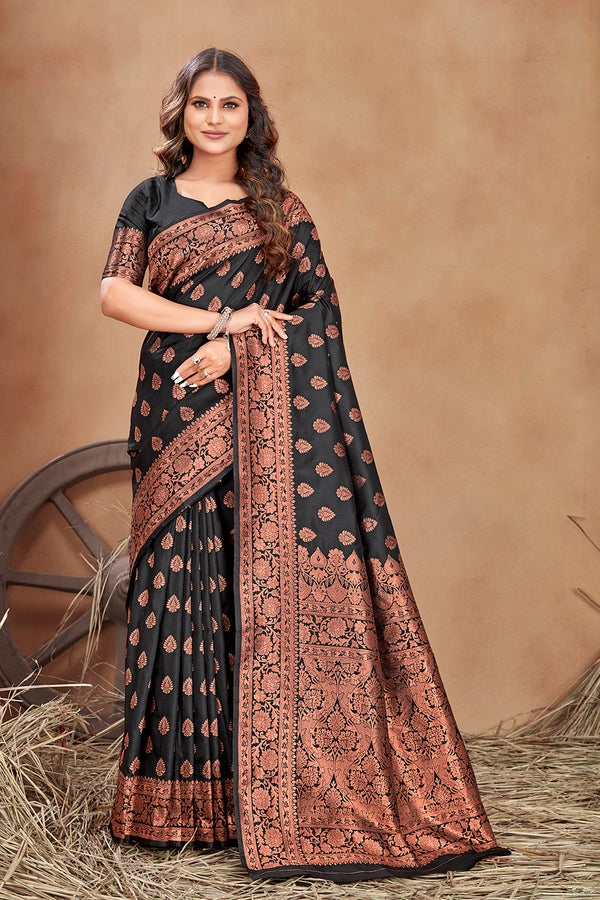 Black woven banarasi silk traditional saree Clothsvilla