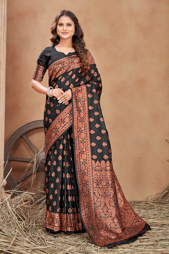 Black woven banarasi silk traditional saree Clothsvilla